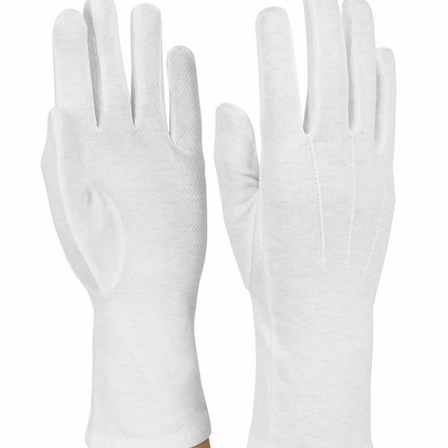 StylePlus Long Wristed Sure Grip Gloves in white, featuring extended wrist coverage, full-finger design, textured grip palms, and smooth performance fabric, ideal for marching band, drumline, color guard, and uniformed performance applications.