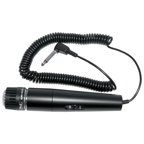 DSI handheld wired microphone with coiled cable and 1/4-inch phone plug, featuring an on/off switch and durable black metal housing for use with DSI Voice Machine and MegaVox portable sound systems.