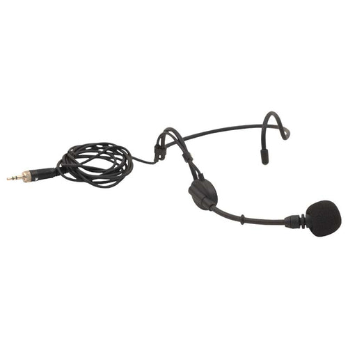 DSI headset microphone with adjustable over-ear frame and foam windscreen, featuring a wired boom mic and 3.5mm connector, designed for clear voice pickup with DSI wireless body pack transmitters and portable sound systems.