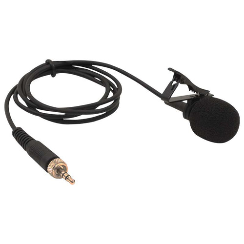 DSI lapel microphone with clip-on lavalier design, foam windscreen, wired cable, and locking 3.5mm connector, ideal for hands-free speech, presentations, classrooms, and use with DSI and Anchor wireless audio systems.