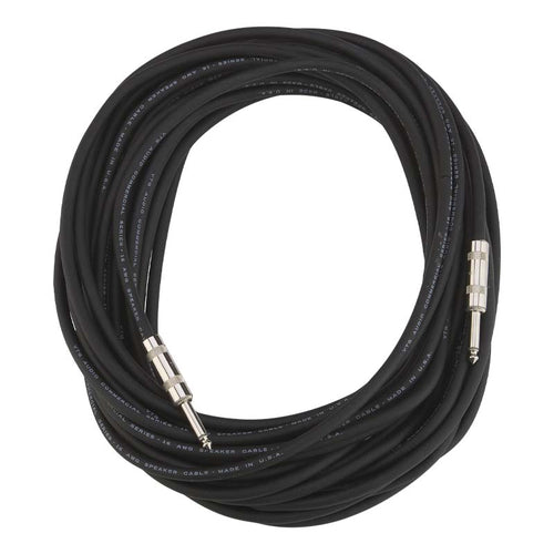 DSI 50-foot speaker cable with dual 1/4-inch phone plugs, featuring heavy-duty insulation and professional-grade connectors for long-distance audio signal transmission between sound machines, speakers, and amplification systems used in marching band rehearsals, drumline practice, and live performance environments.