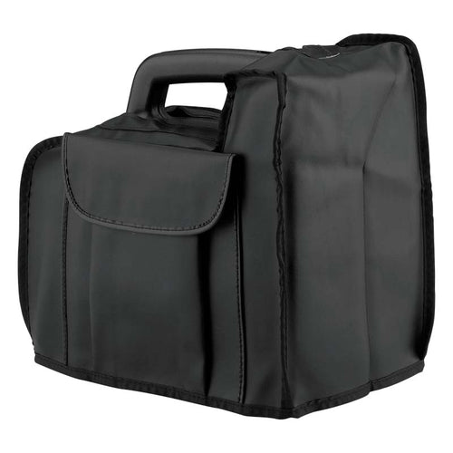 DSI MegaVox Speaker Cover shown fitted over the speaker, featuring a black padded protective case with integrated handle access and front storage pocket, designed to safeguard the DSI MegaVox loudspeaker during transport, storage, and outdoor use.