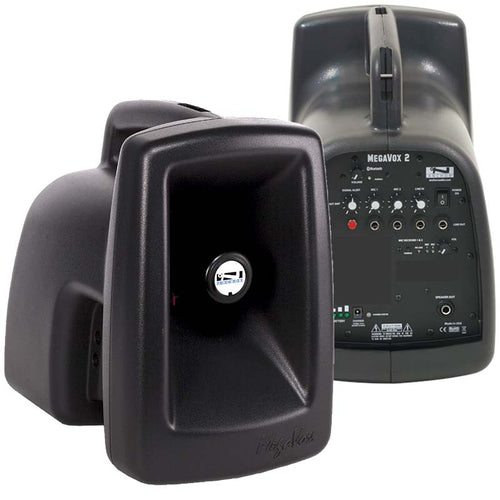 DSI MegaVox Pro portable PA speaker systeme System shown from front and rear, featuring a rugged molded enclosure, high-output horn speaker, and rear control panel with volume controls, audio inputs, and wireless microphone connectivity for clear voice projection at events, schools, and outdoor use.