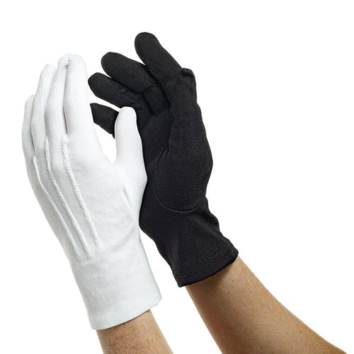 Dinkles nylon gloves in black and white, featuring lightweight full-finger construction, smooth nylon fabric, and a snug performance fit, designed for marching band, color guard, drum major routines, and formal ceremonial performances.