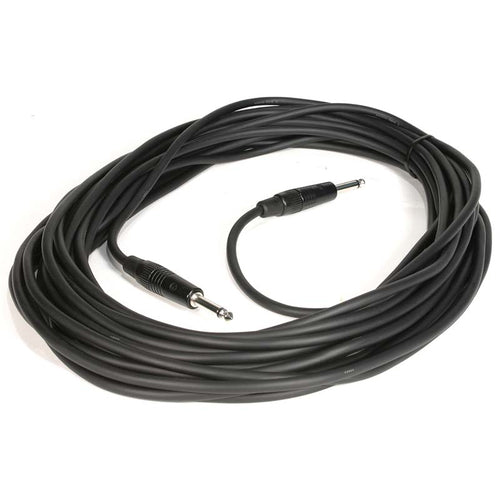 DSI 50-foot 1/4-inch to 1/4-inch speaker cable with durable black insulation and reinforced phone plug connectors, designed for reliable long-distance audio connections between sound machines, speakers, amplifiers, and rehearsal audio systems used in marching band, drumline, and live performance settings.