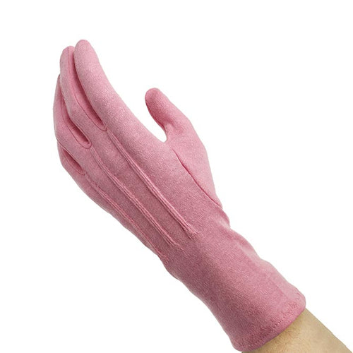 Dinkles pink long-wristed cotton glove featuring soft breathable cotton fabric, extended wrist coverage, and a smooth full-finger design, ideal for marching band, color guard, drum major performances, and formal uniformed events.