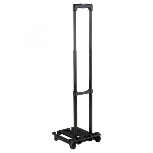 DSI plume case cart featuring a lightweight rolling base with durable wheels and an adjustable telescoping handle, designed for easy transport of marching band plume cases and equipment.