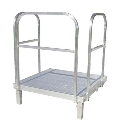 DSI bleacher podium featuring compact aluminum platform with integrated safety rails, non-slip standing surface, and bleacher-compatible design for conductors, instructors, and marching band leadership.