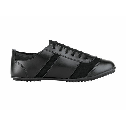StylePlus Prowler black lace-up dance shoe shown in side profile, featuring a smooth leather upper with contrast panels, low-profile flexible sole, and textured outsole for grip, ideal for jazz dance, rehearsals, and stage performance.