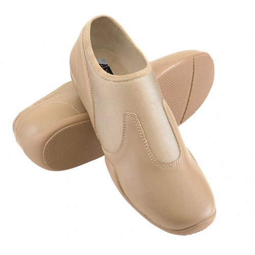 StylePlus Releve Platinum beige slip-on dance shoes with smooth leather finish, flexible low-profile sole, and cushioned design, ideal for jazz, stage performances, rehearsals, and studio practice.