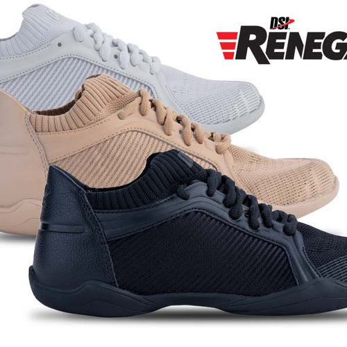 DSI Renegade dance sneakers shown in black, tan, and white color options, featuring breathable knit uppers, lace-up design, cushioned ankle support, and flexible performance soles engineered for dance training, studio practice, and high-impact movement.
