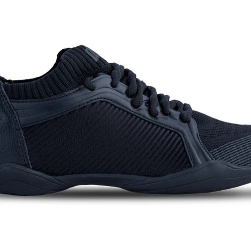 DSI Renegade black dance sneaker featuring breathable knit upper, lace-up closure, padded ankle collar, reinforced heel support, and flexible split-sole design for high-performance dance training, rehearsals, and studio wear.