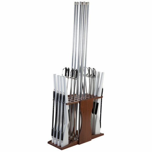 DSI sabre and flag pole storage rack with vertical metal pole holders, wooden base, and side slots for color guard sabres and flag poles, designed for organized marching band and color guard equipment storage.