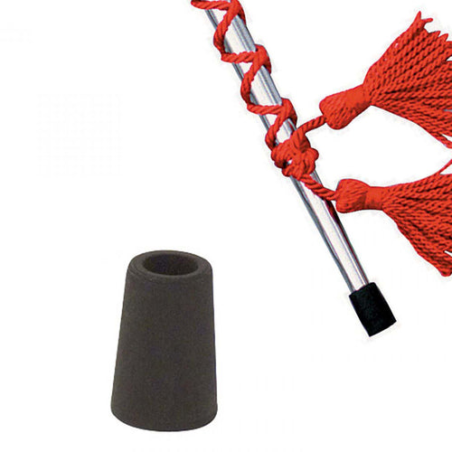 DSI rubber tip accessory for drum major batons and maces, shown alongside a silver baton with red cord tassels, designed to provide grip, protection, and stability for marching band performances.