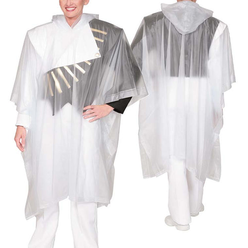 DSI Side Snap Poncho shown in front and back view, featuring a clear, lightweight waterproof poncho with side snap closures and hood, designed to be worn over marching band uniforms for full rain protection while maintaining mobility and visibility during outdoor performances and parades.