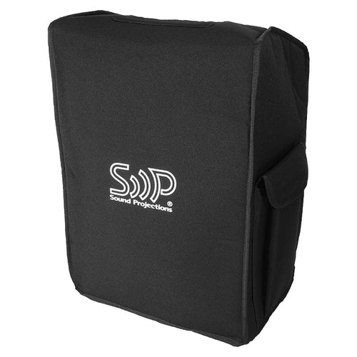 DSI Sound Machine Speaker Cover shown as a padded black protective cover with Sound Projections logo, designed to fit the DSI Sound Machine speaker securely, offering durable protection against dust, scratches, and impact during transport and storage for marching band rehearsals, field use, and outdoor performances.