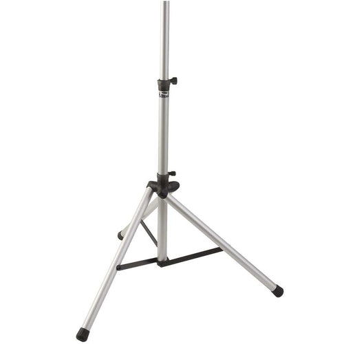 DSI adjustable aluminum speaker stand with tripod base and locking height mechanism, shown upright for stable audio support, designed for use with DSI sound machines and portable PA speakers at marching band rehearsals, field practice, indoor performances, and live events; includes a carry tote for easy transport and storage.