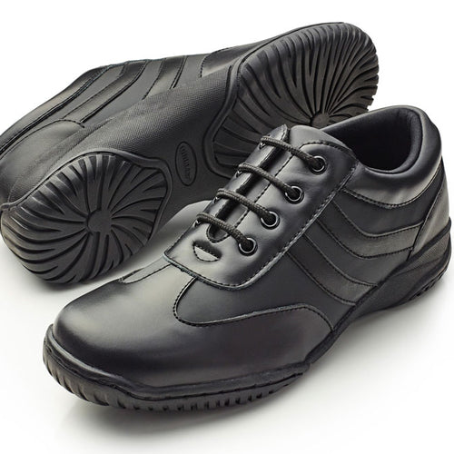 Dinkles Spin Frontline black marching band shoes with cushioned sole and flexible traction design for performance and drill