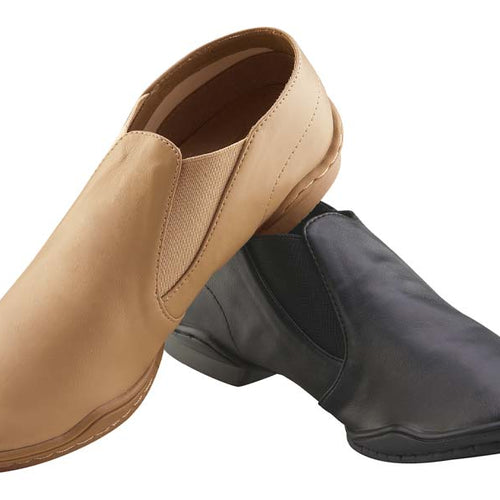 DSI StarLite 2 dance shoes displayed in nude and black, featuring slip-on jazz shoes with elastic side panels, smooth leather finish, lightweight construction, and flexible low heel sole ideal for jazz dance, ballroom practice, stage performances, and studio training.