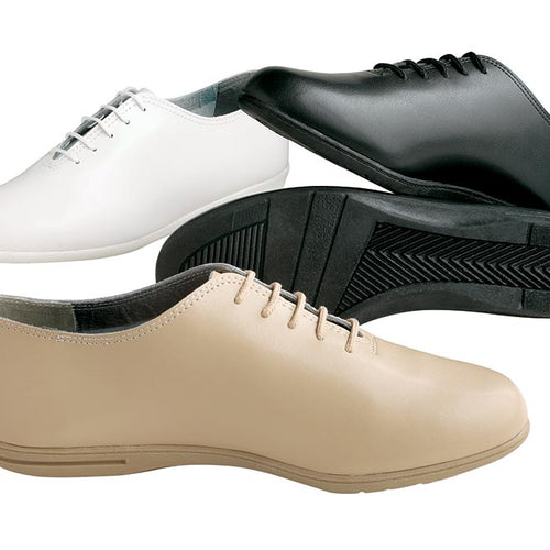 Dinkles Stinger Frontline marching band shoes in black, white, and nude, featuring low-profile design, durable sole, and lace-up closure for performance and drill use.
