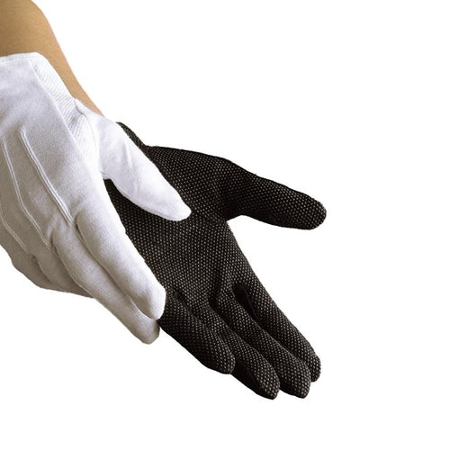 Dinkles Sure Grip glove in black and white featuring textured grip palms for enhanced control, durable fabric construction, and a full-finger design, ideal for marching band, color guard, drum major performances, and precision handling during rehearsals and shows.