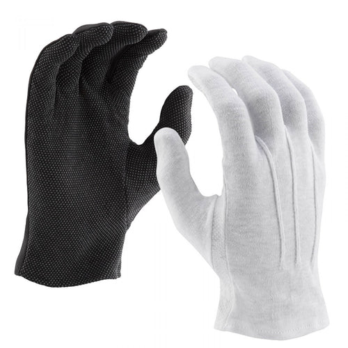 DSI Sure Grip gloves in black and white featuring textured non-slip palm surface, flexible full-finger design, and snug wrist fit for enhanced grip and control, ideal for marching band, drumline, color guard, and performance applications.
