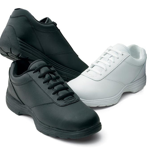 Dinkles Edge marching band shoes in black and white featuring durable leather uppers, lace-up design, cushioned midsole, and supportive non-slip outsole, built for marching band shows, field performances, long rehearsals, and parade use with enhanced stability, comfort, and impact protection.