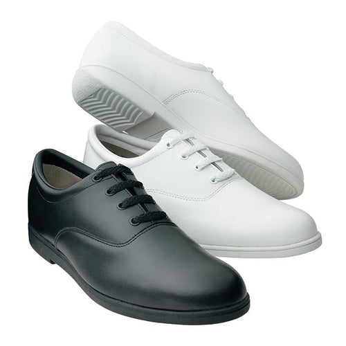Dinkles Vanguard marching shoes in black and white featuring smooth leather uppers, classic lace-up design, cushioned midsole, and durable non-slip rubber outsole, designed for marching band performances, field shows, parades, and long rehearsals with reliable support, comfort, and clean uniform appearance.