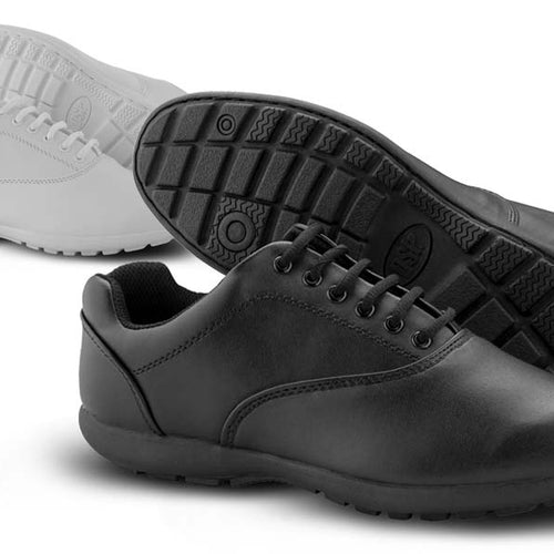 Product image of DSI Velocity marching shoes in black and white, showcasing a lightweight low-profile design with smooth leather upper, lace-up closure, cushioned interior, and textured non-slip rubber outsole, ideal for marching band, drumline, and performance use requiring flexibility, grip, and all-day comfort.