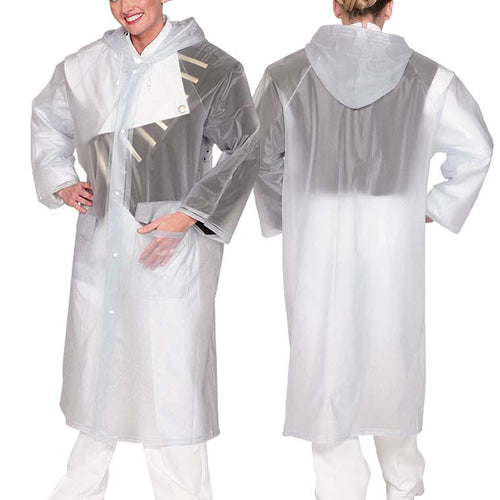 DSI Vinyl Raincoat shown in front and back view, featuring a clear, full-length waterproof vinyl raincoat with hood and snap-button front closure, designed to protect marching band uniforms from rain while allowing full visibility, comfort, and freedom of movement during outdoor performances, rehearsals, and parades.
