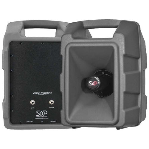 DSI Voice Machine companion speaker with rugged gray molded enclosure and integrated carry handle, shown front and rear views featuring high-output horn speaker and rear input/output ports, designed to pair with the DSI Voice Machine for clear voice projection during marching band rehearsals, field instruction, drum major training, and outdoor performance environments.