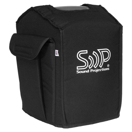 DSI Voice Machine speaker cover made from durable black padded fabric with embroidered Sound Projections logo, designed to protect the DSI Voice Machine speaker during transport and storage, featuring a snug fit with side flap access for handles and controls, ideal for marching band directors, drum majors, and outdoor rehearsal use.