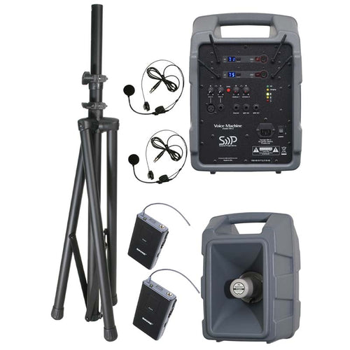 DSI Voice Machine portable wireless PA system shown with full kit components including main voice projection unit, companion horn speaker, adjustable speaker stand, dual wireless bodypack transmitters with headset microphones, and control panel with digital displays, designed for marching band directors, drum majors, and outdoor rehearsal environments requiring clear, long-range voice amplification.