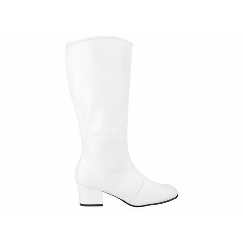 StylePlus Nancy white knee-high dance boot shown in side profile, featuring a smooth leather upper, clean silhouette, and stable mid-height heel, ideal for stage performances, marching bands, and formal dance routines.